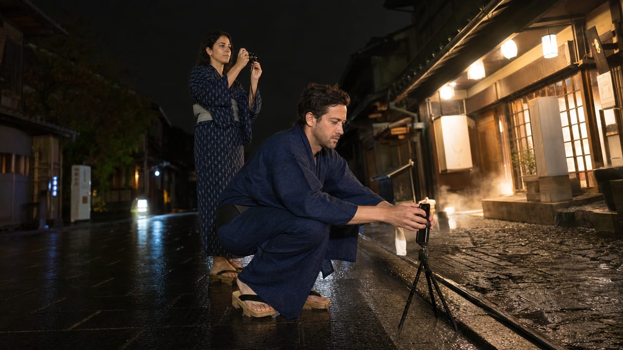 Two creators filming one street at night, one with a phone on a tripod and one with a camera