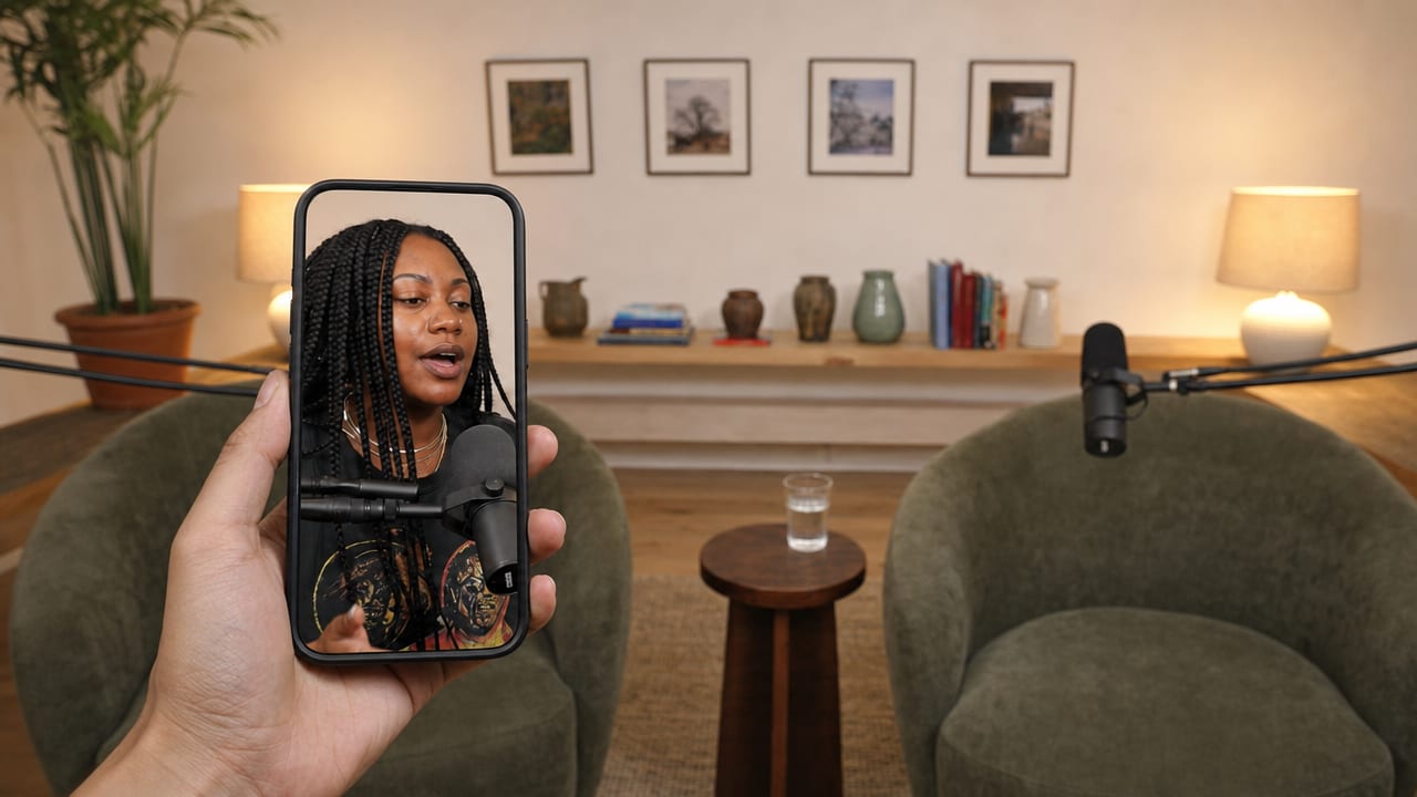 A phone held up in the studio playing a vertical clip of the host talking